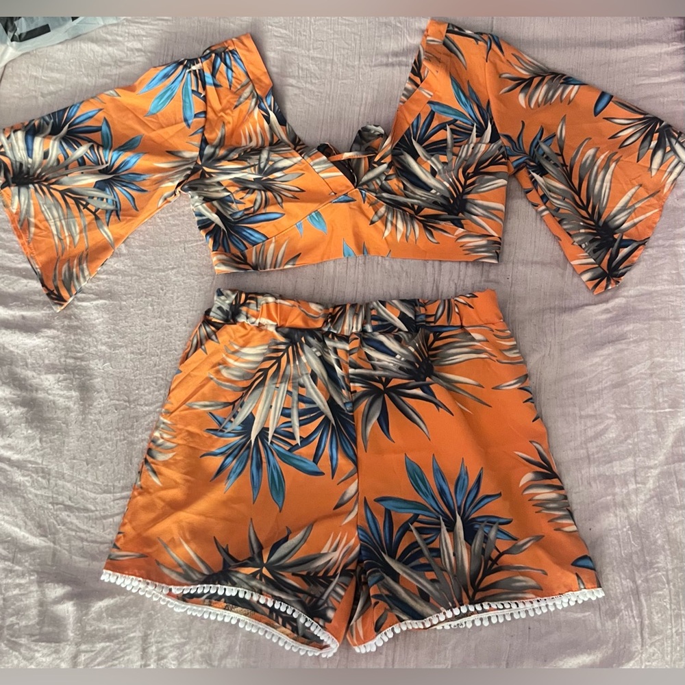 SHEIN Orange Gray Asymmetrical Crop Blouse